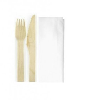 Ξύλινο σετ μαχαίρι 165mm και πιρούνι 160mm με χαρτοπετσέτα